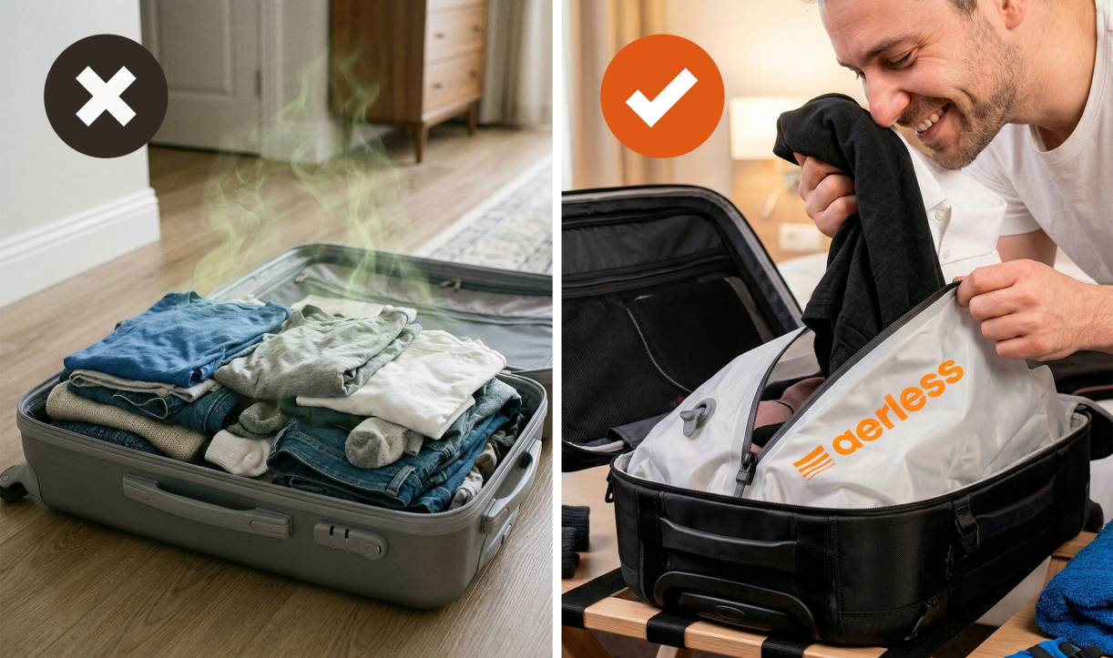 Suitcase with smelly clothes vs. unpacking fresh clothes from Aerless bag