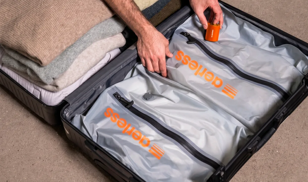 Packing clothes into suitcase using Aerless compression bags