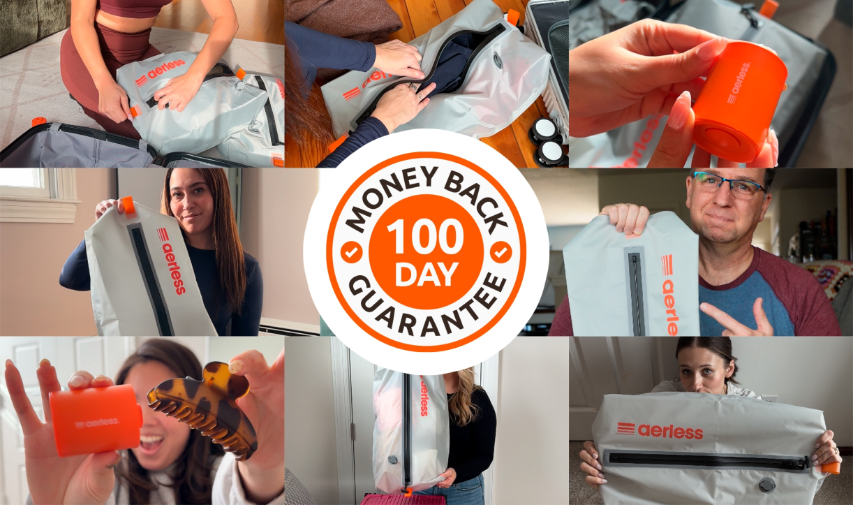 Collage of customers using Aerless bags and device