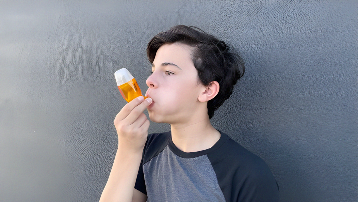 Boy in gray shirt using AirPhysio Children's device