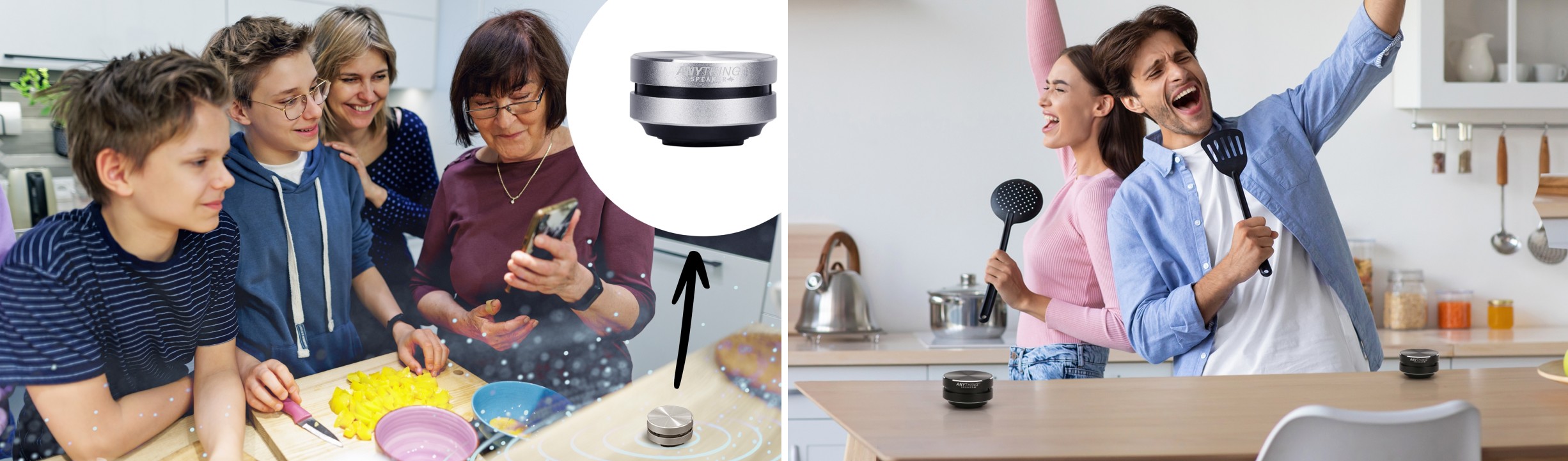 Family and friends using Anything Speaker in kitchen and outdoor settings