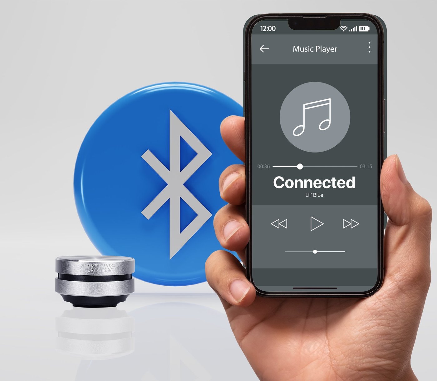 Anything Speaker mounted to car dashboard with phone and Bluetooth app