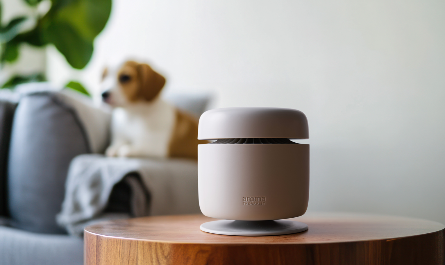 AromaAmplifier device on a wooden table in a cozy home setting