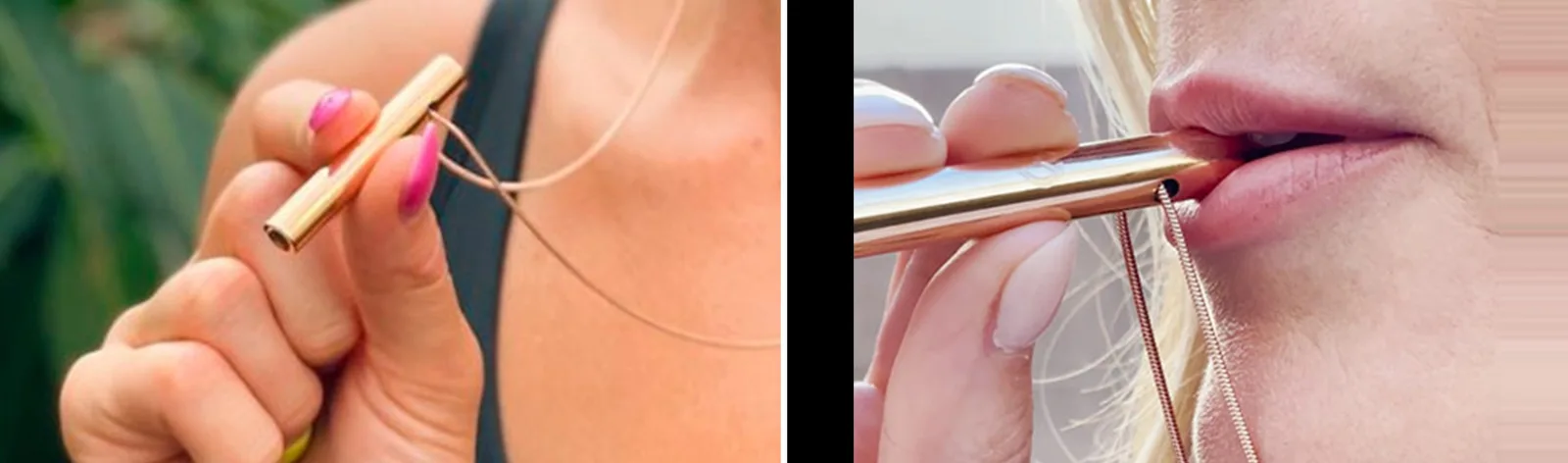 Two close-up views of the Moksha Beam pendant being held and used