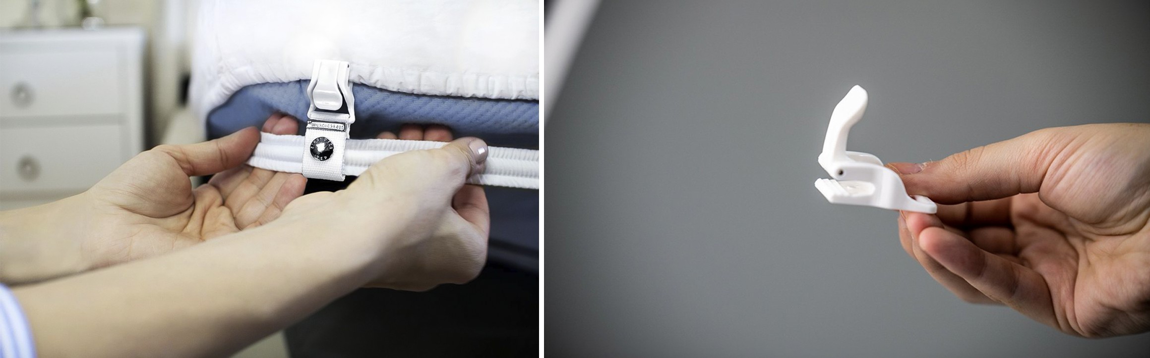 Close-up of hands attaching Bed Scrunchie clip to a sheet, and a hand holding the clip component