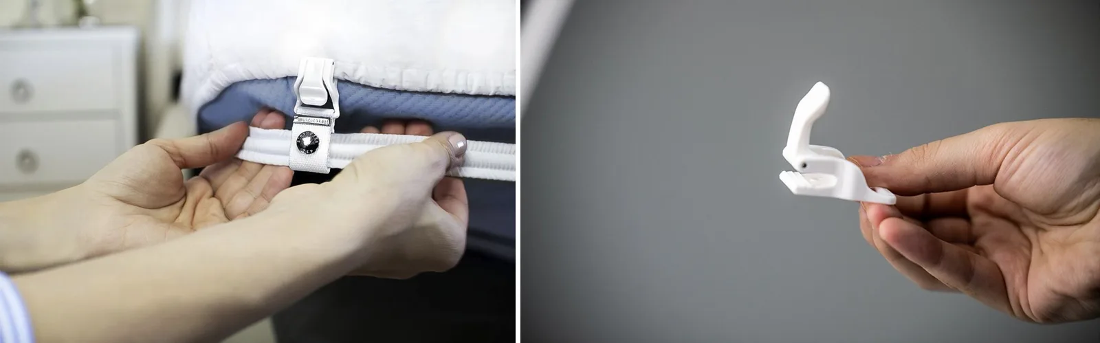 Close-up of hands attaching Bed Scrunchie clip to a sheet, and a hand holding the clip component