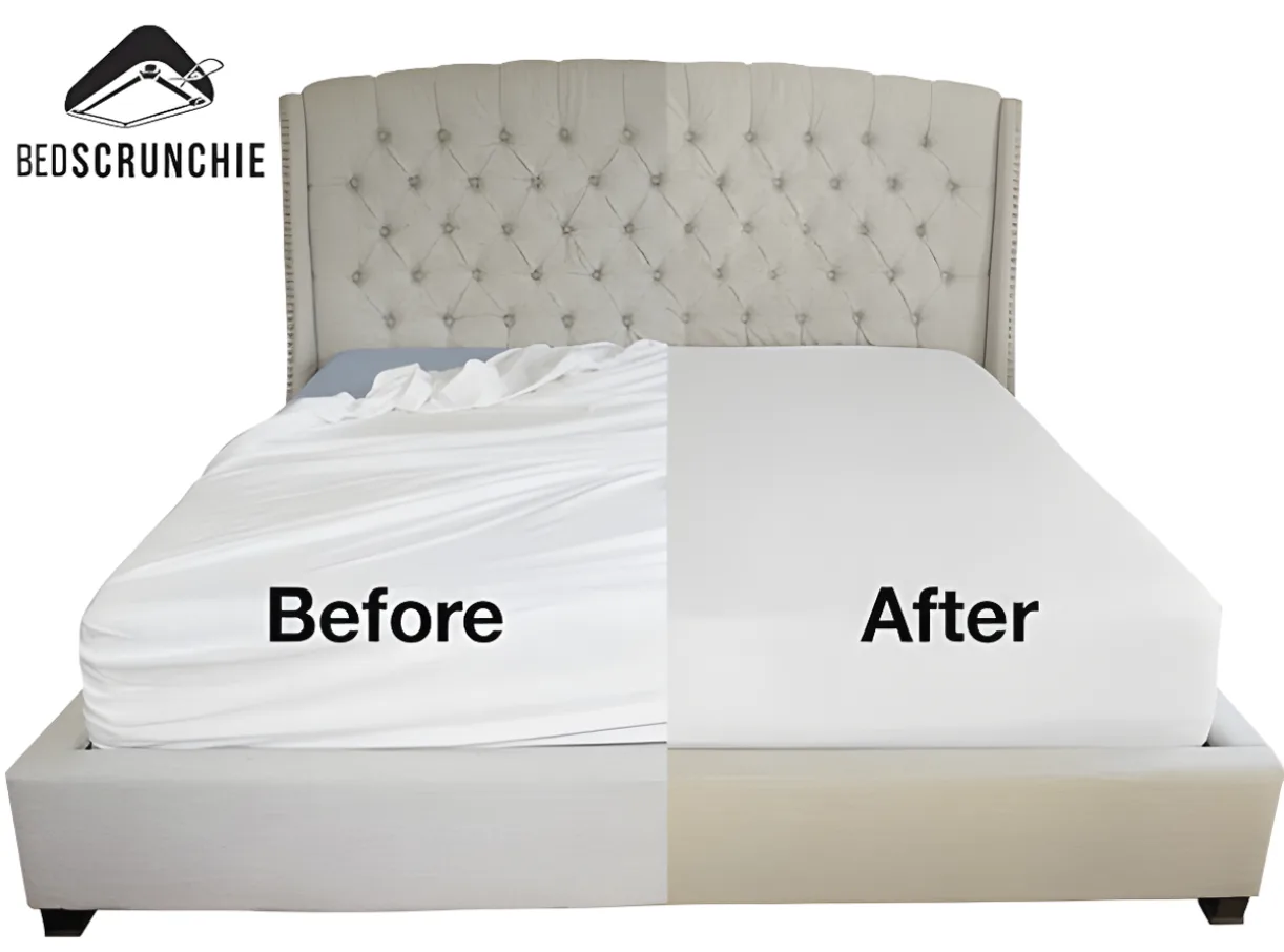 Side-by-side before and after comparison of a bed with and without Bed Scrunchie
