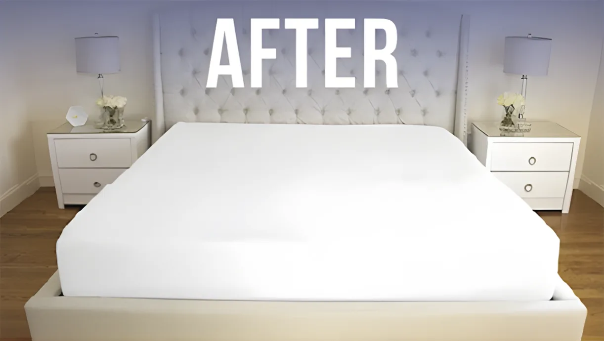 Perfectly made bed with 'AFTER' text above it