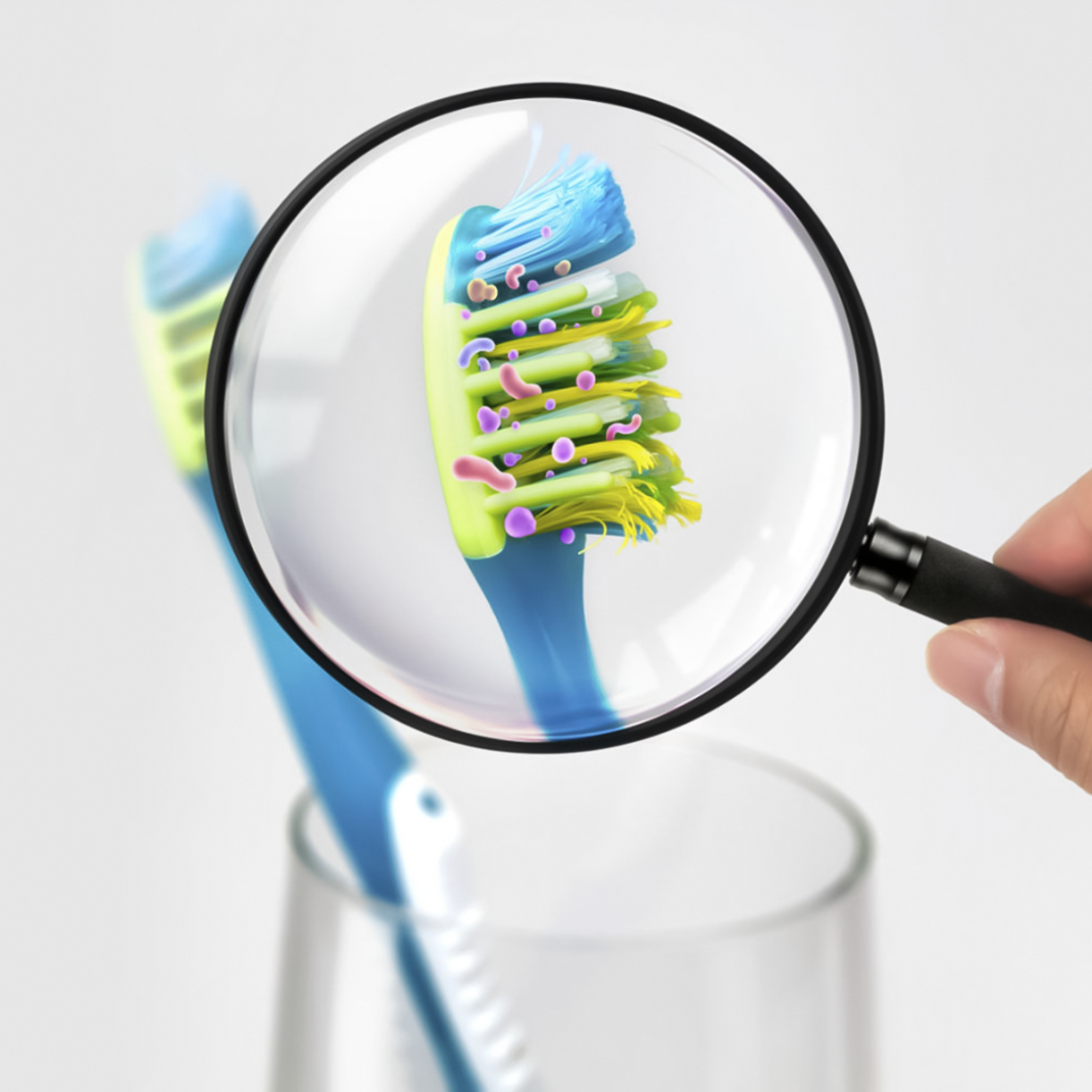 Magnified view of germs on a toothbrush bristle using a magnifying glass