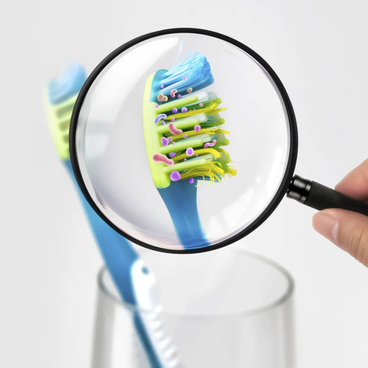Magnified view of germs on a toothbrush bristle using a magnifying glass