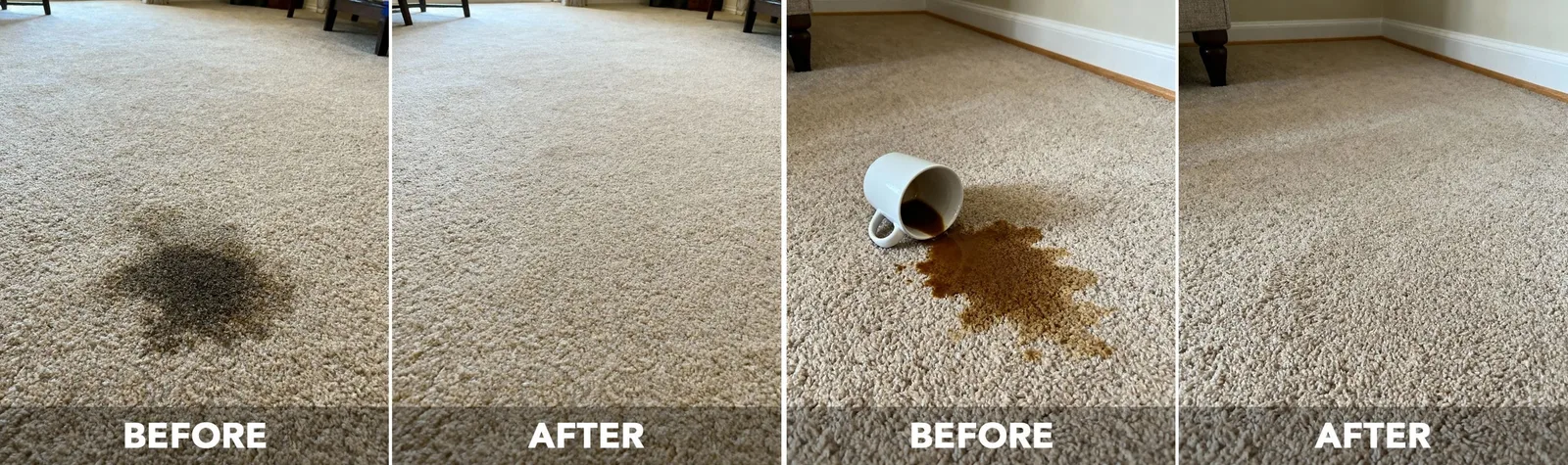 Side-by-side before and after images of carpet stains removed with Campanelli