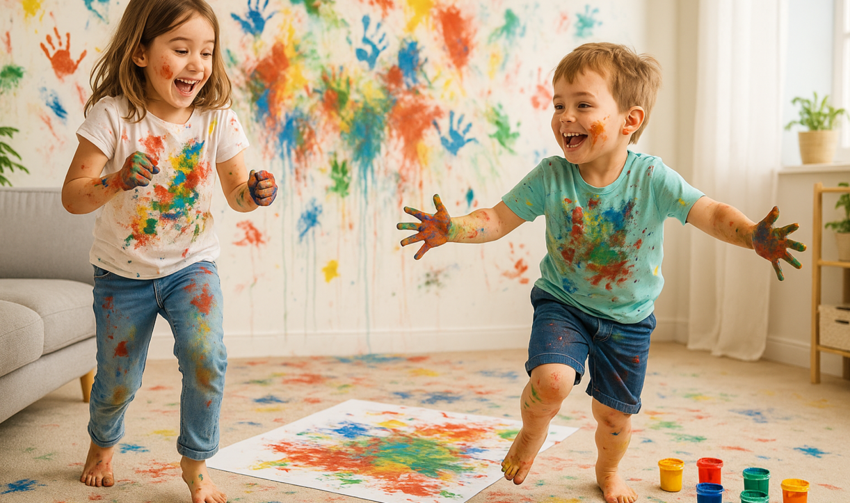 Two children playing and making a mess with paint on a carpet and wall