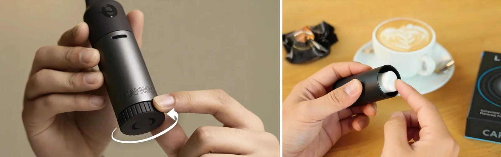 Twisting the Capnos Legura base and opening the device to reveal its interior