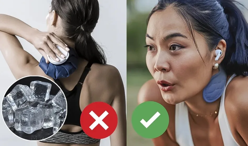 Comparison image of a woman holding a melting ice pack against her neck versus a woman wearing the CoolCura neckband while exercising outdoors