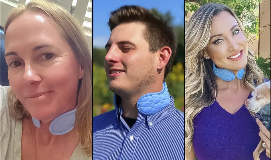 Three CoolCura customers wearing the light blue neckband in everyday settings, including one holding a small dog