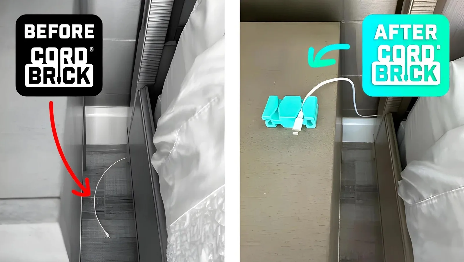 Before-and-after comparison of cords on floor versus organized with CordBrick