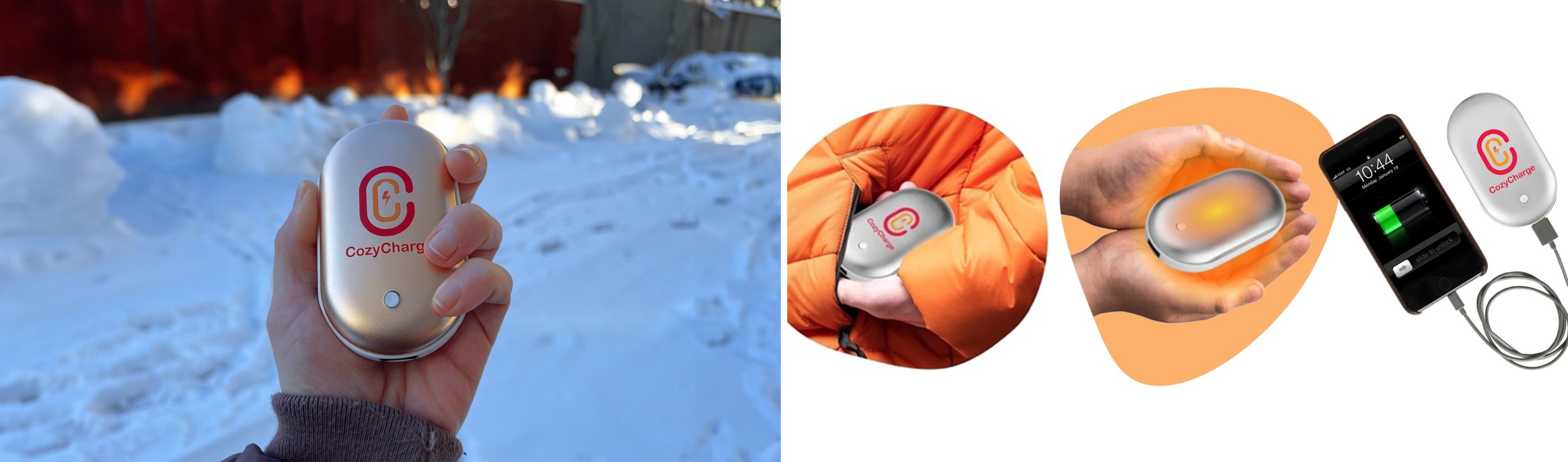 CozyCharge in use outdoors and in a jacket pocket