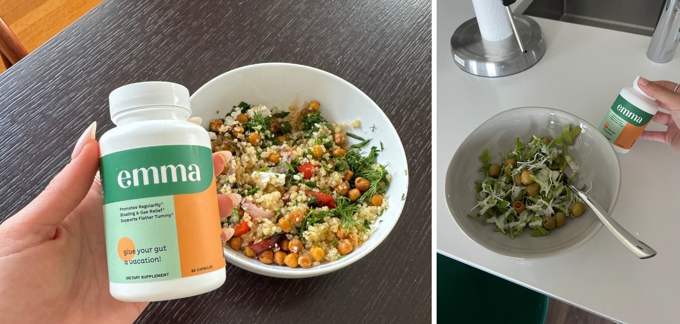 Emma supplement bottle shown with food in two real-life meal settings