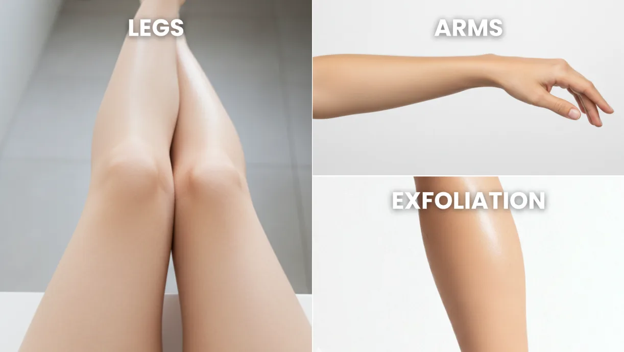 Three labeled images showing smooth legs, arm, and exfoliated skin.