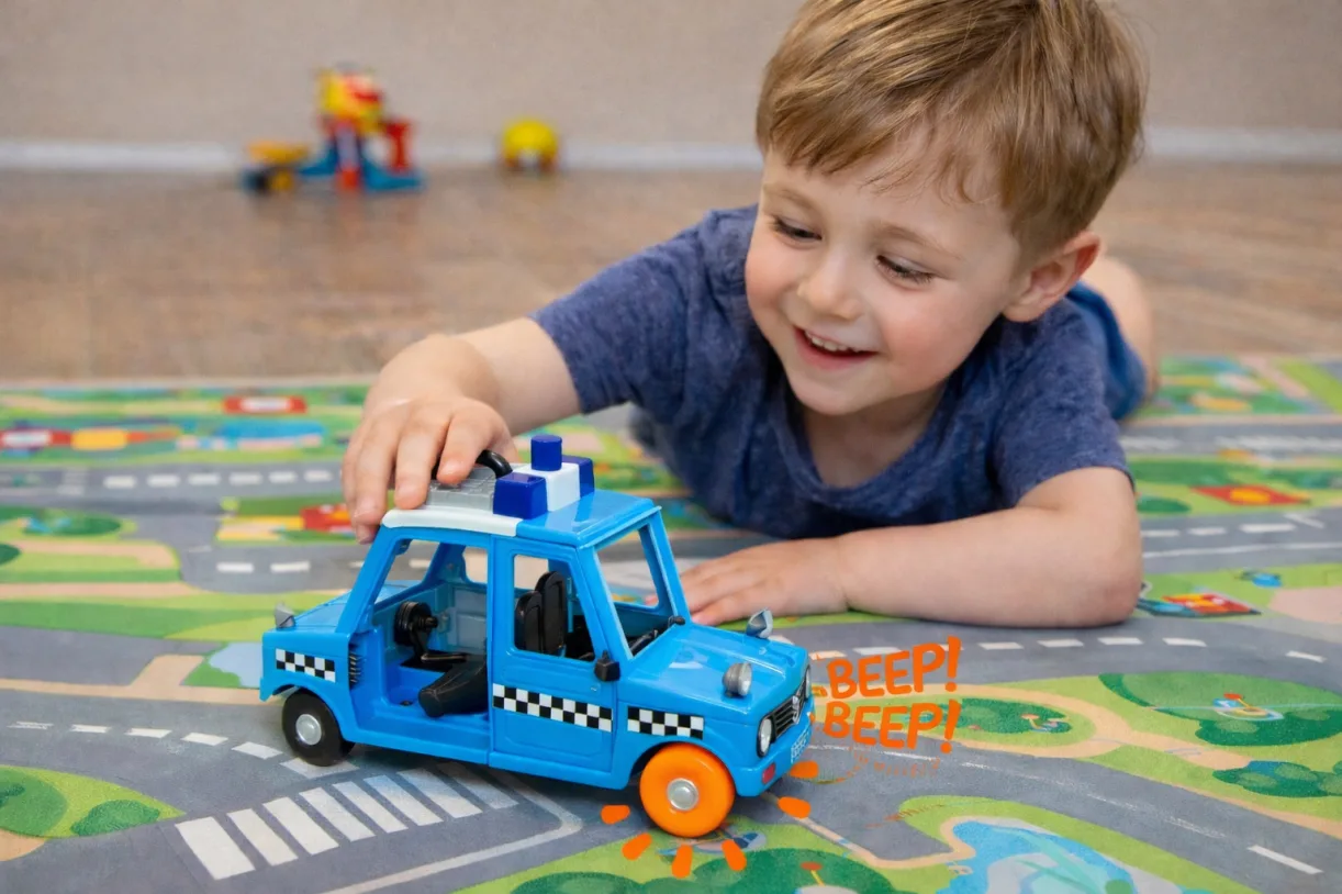 Child playing with a toy car that has an orange FixIts piece on the wheel