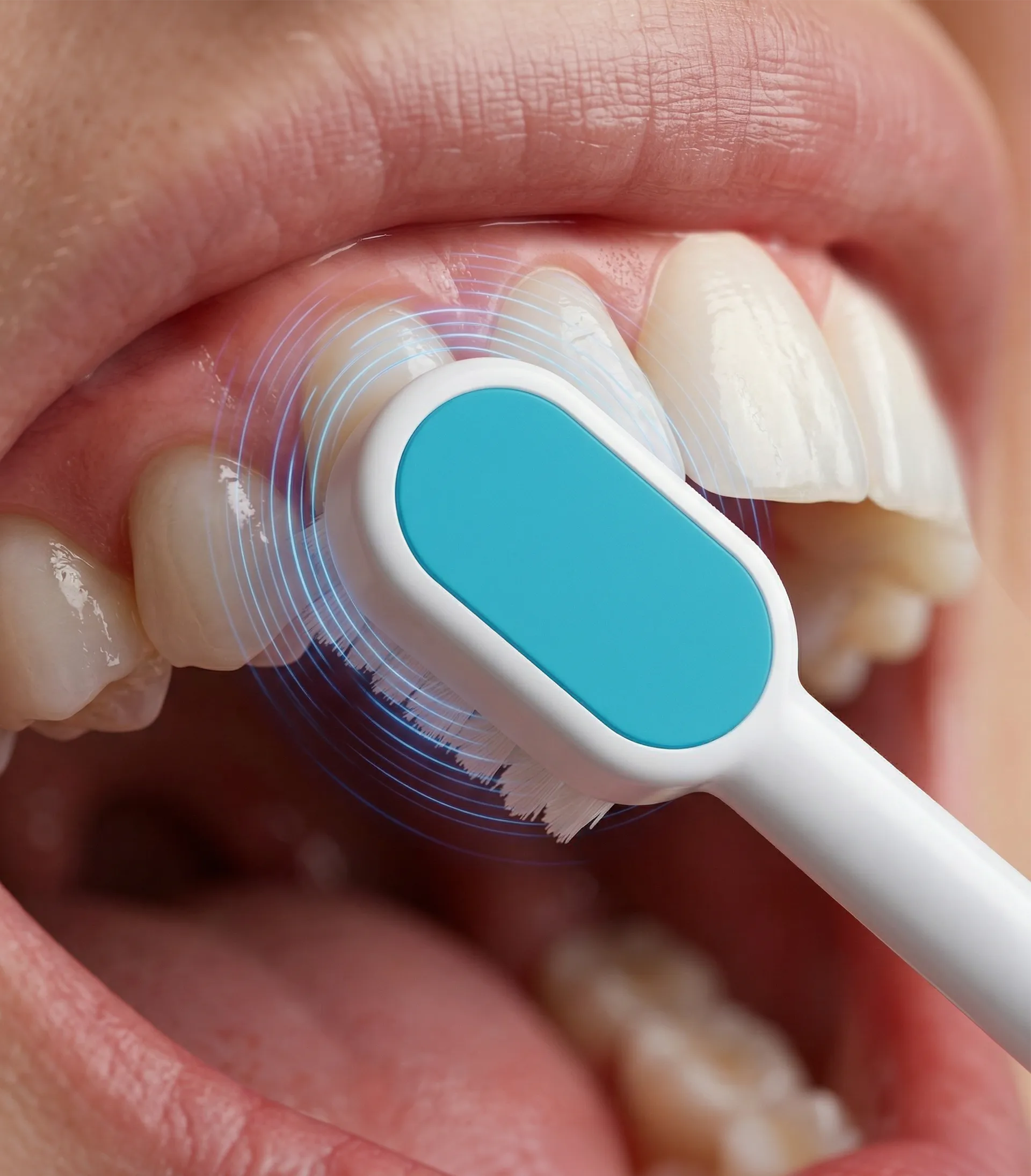 Person brushing their gums with the toothbrush, close-up of mouth