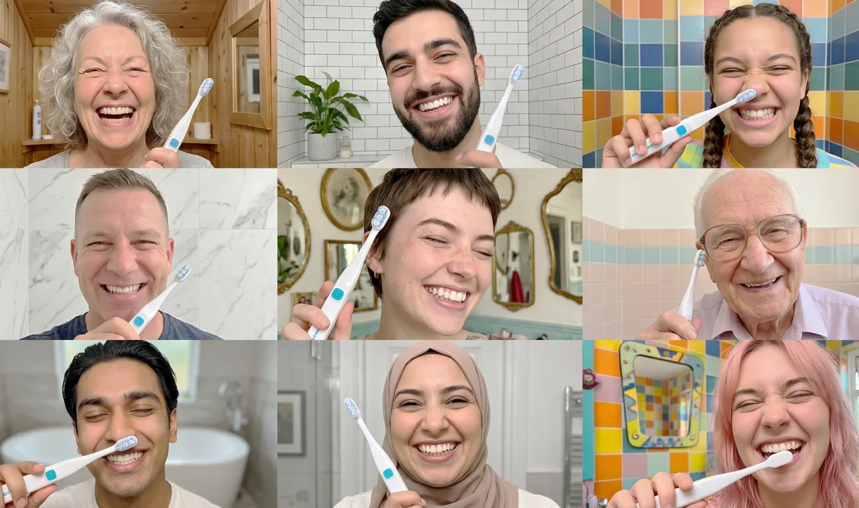 Collage of diverse people smiling and holding or using the electric toothbrush