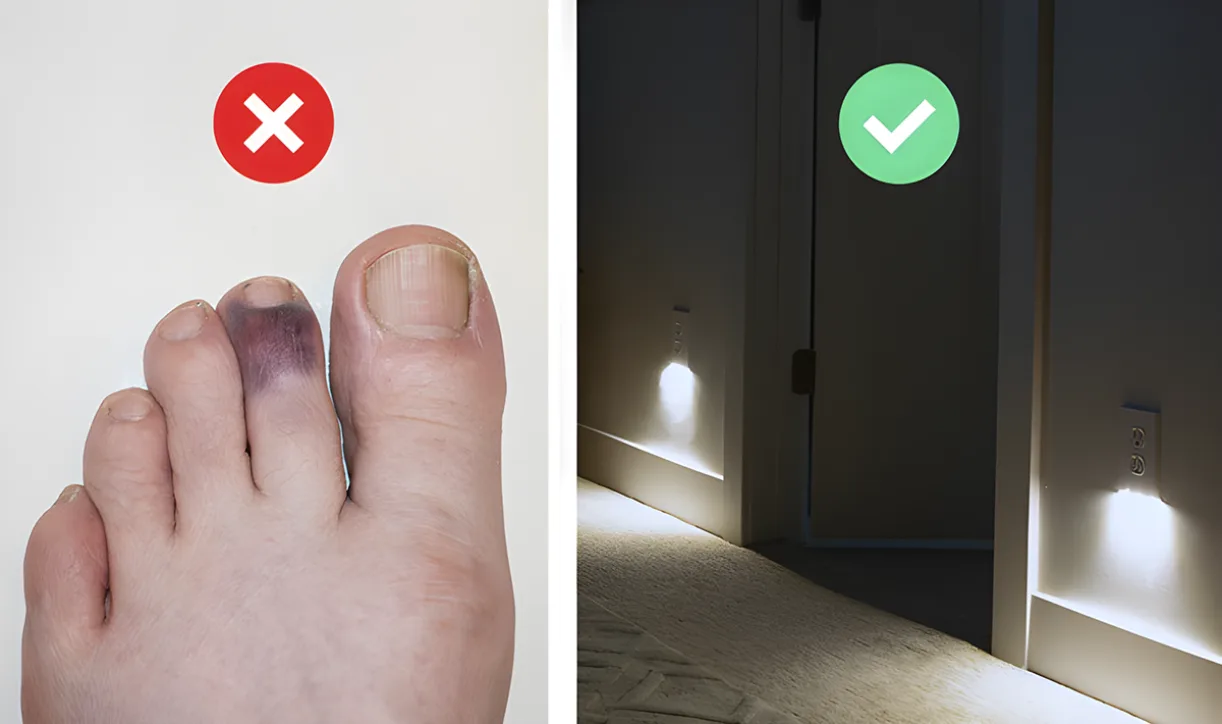 Comparison of stubbed toe vs. safe hallway with GuideLight night lights