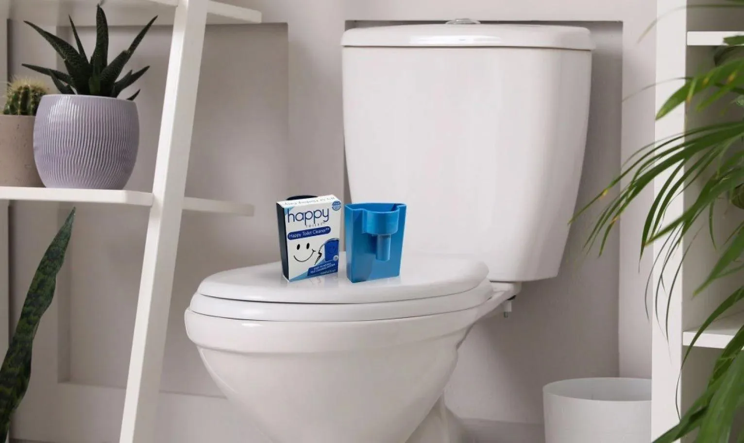 Product and packaging on toilet lid in a real bathroom