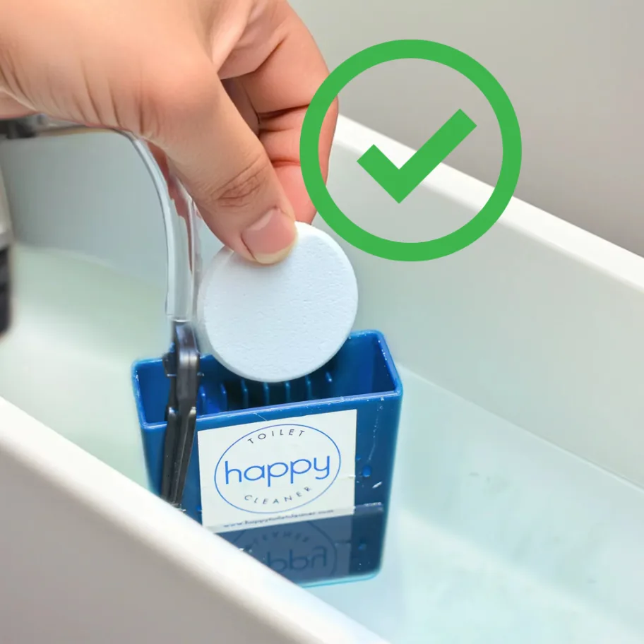 Hand holding a cleaning tablet in front of a toilet