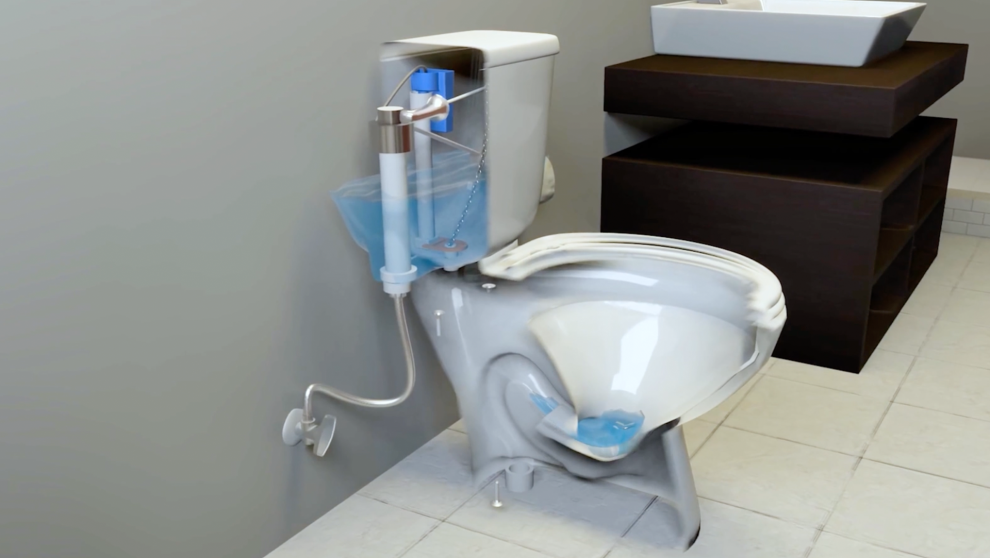 Cutaway diagram showing Happy Toilet Cleaner installed and water flow