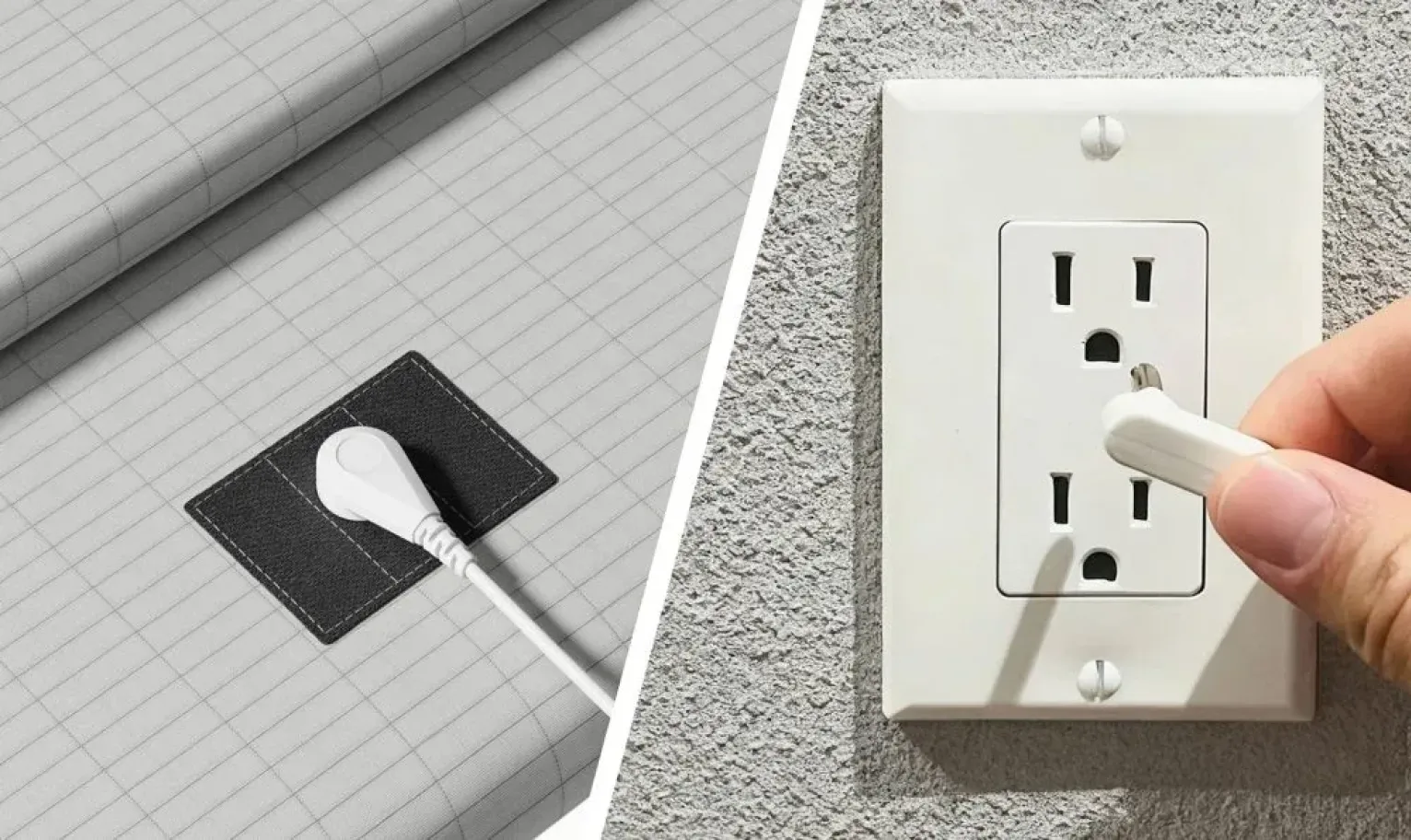 Close-up of grounding sheet connector and cord plugged into a wall outlet