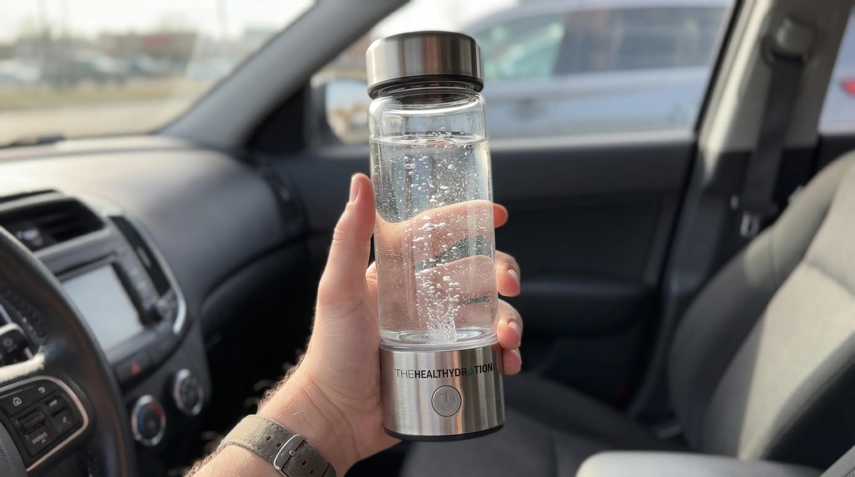Person holding a hydrogen water bottle inside a car