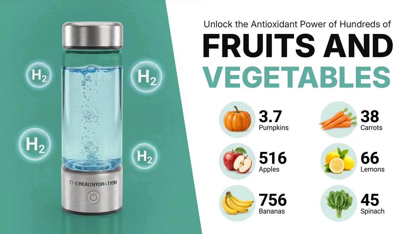 Graphic comparing antioxidant power of the water bottle to fruits and vegetables