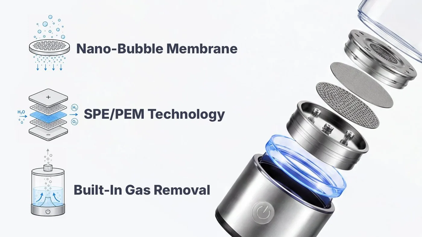 Exploded diagram of the hydrogen water bottle showing internal technology