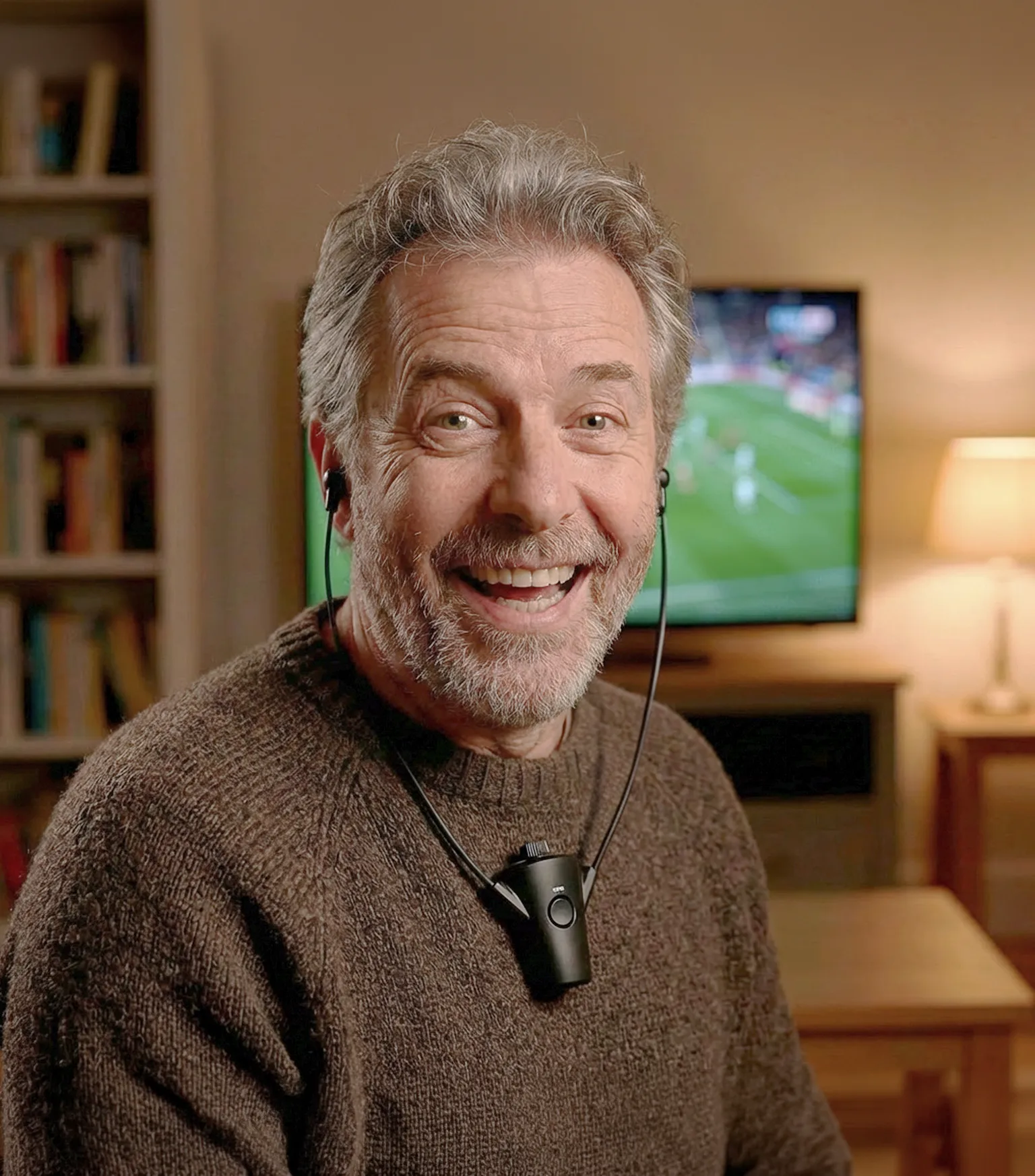 Man wearing HearDirect headset around his neck while watching TV