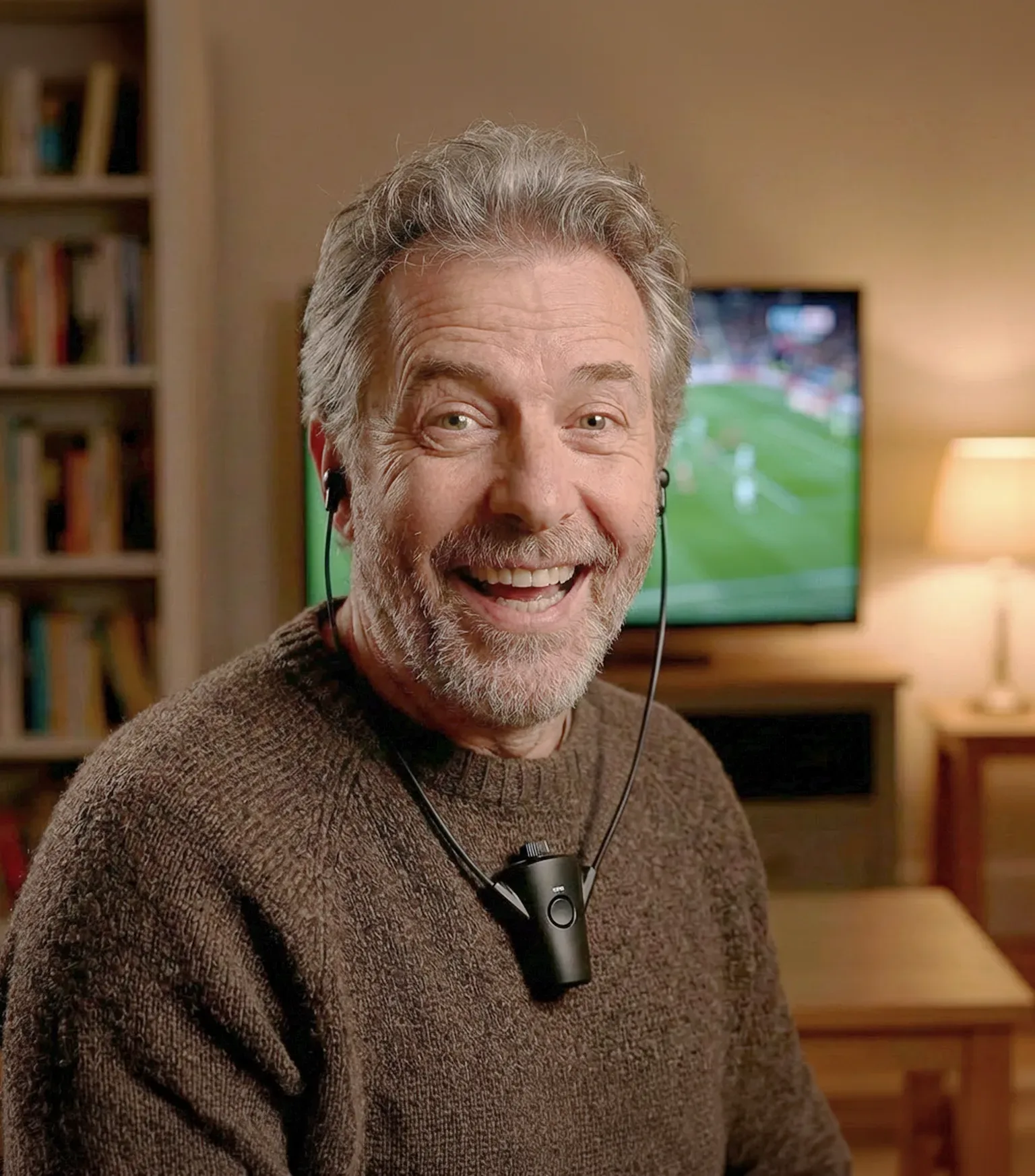 Man wearing HearDirect headset around his neck while watching TV