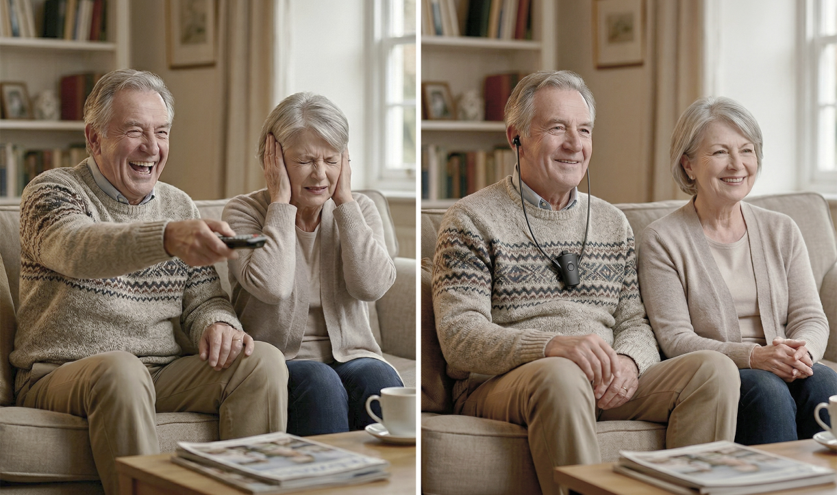Side-by-side: couple before and after using HearDirect headset