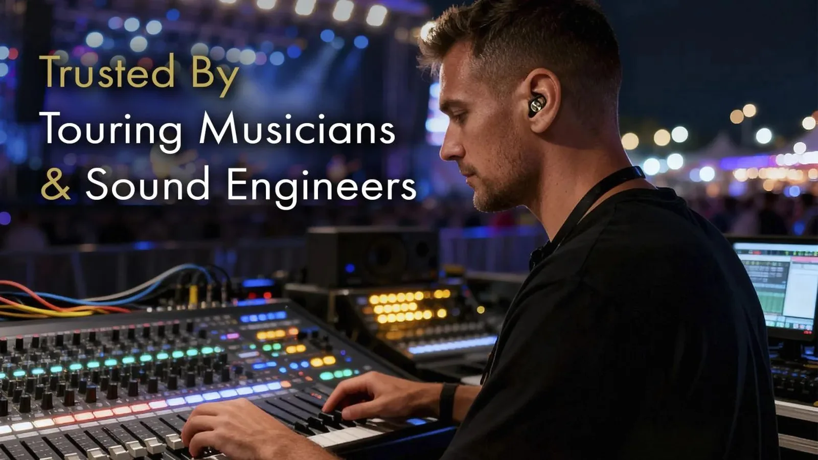 Person wearing earplugs while operating a soundboard at a live music event