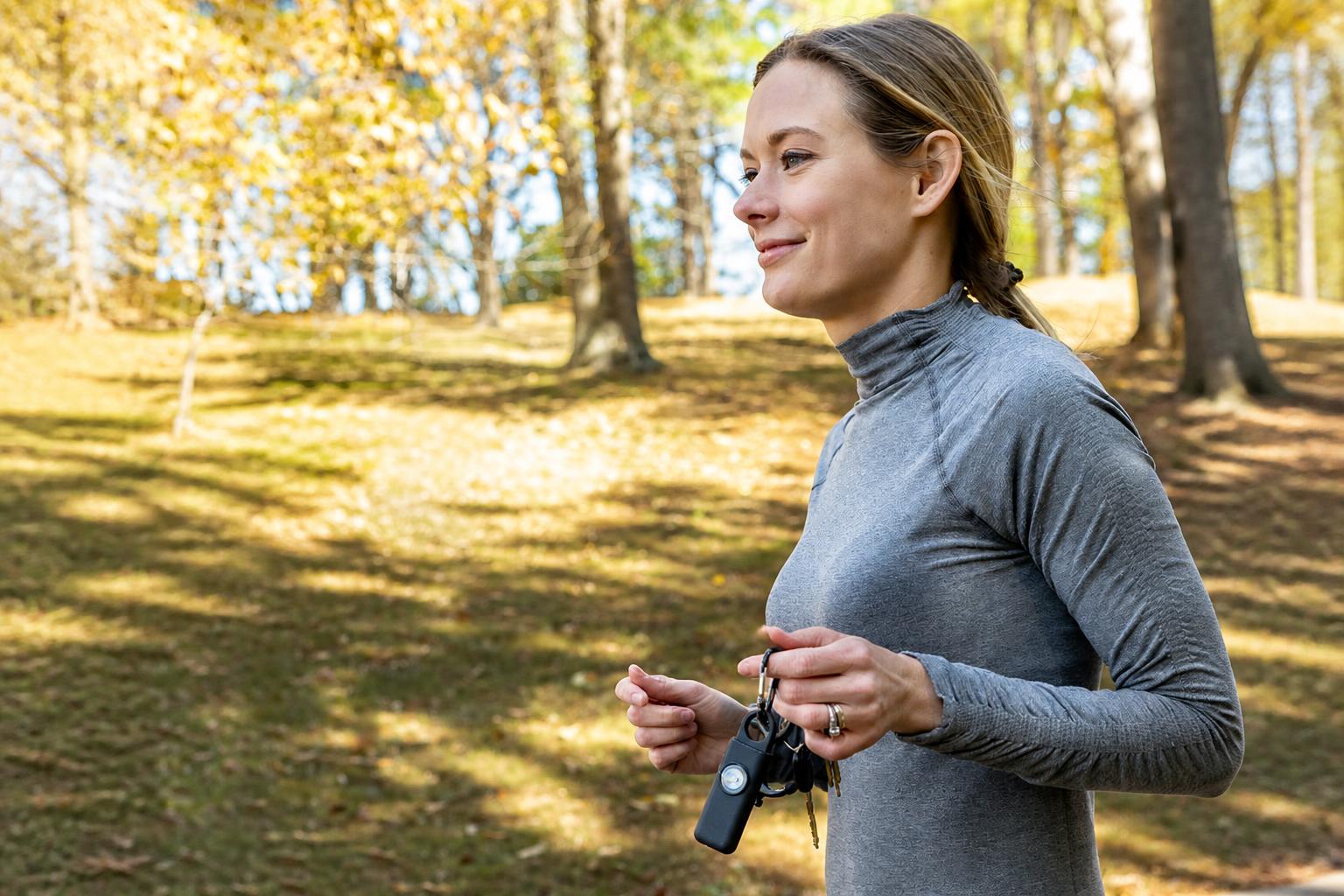 A woman jogging outdoors holding a small mint-green personal alarm alongside her keys