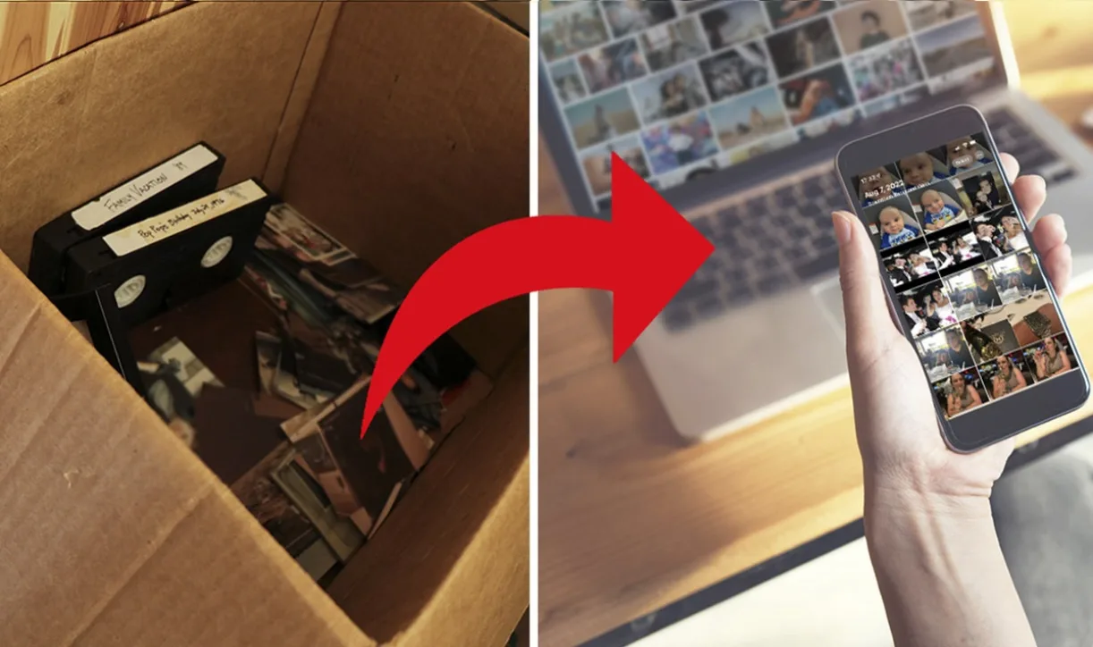 Split image showing a box of old tapes and photos on the left and a hand holding a phone displaying digitized images on the right, connected by a red arrow