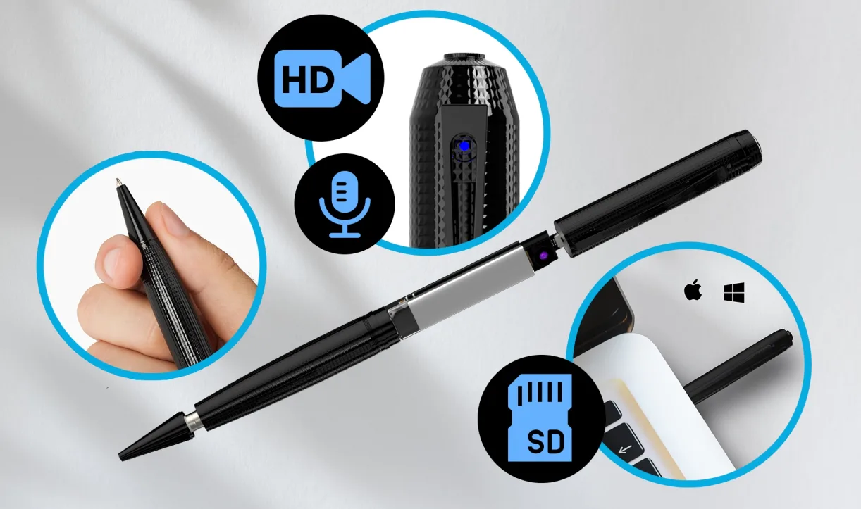 Diagram showing iSpyPen Pro X camera, microphone, SD card, and compatibility features
