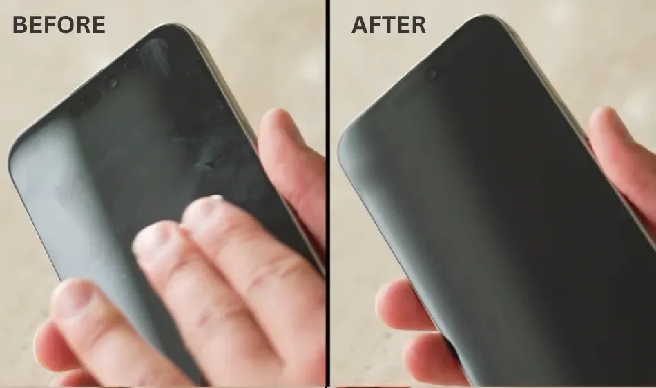 Close-up of a smudged fingerprint-covered surface before cleaning with a Jiffy pad