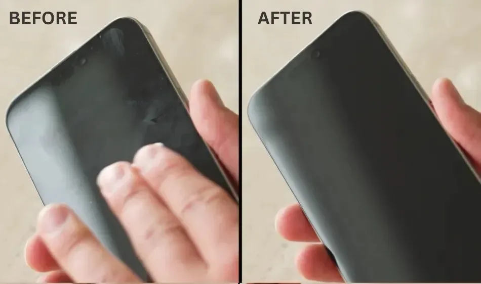 Close-up of a smudged fingerprint-covered surface before cleaning with a Jiffy pad