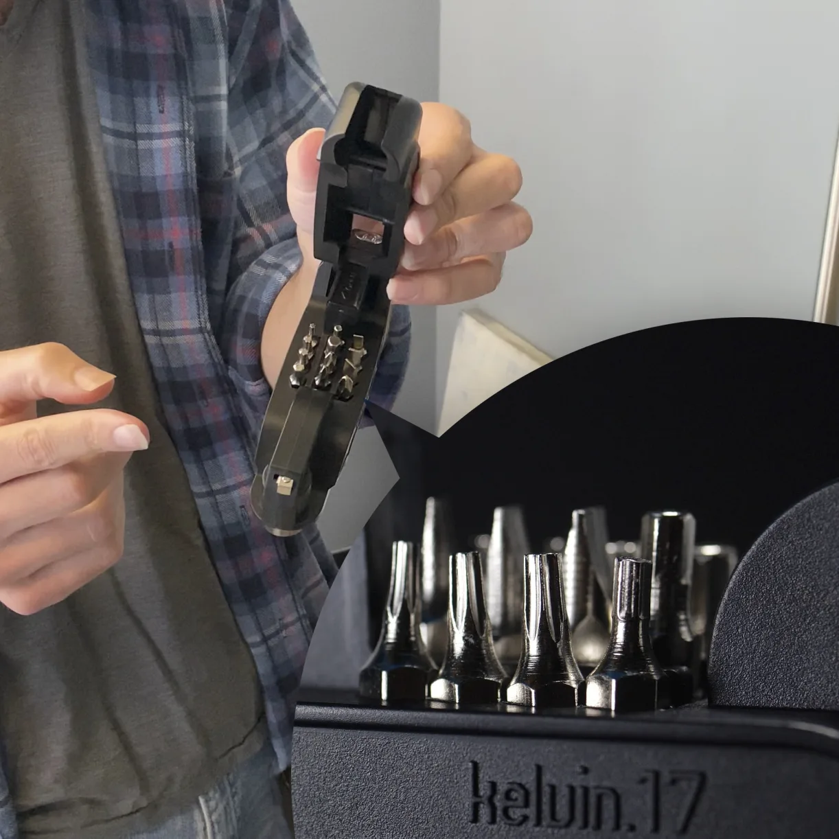 Close-up of Kelvin17 bit storage compartment