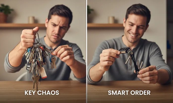 Side-by-side comparison of a key organizer and a bulky keychain with alert icon