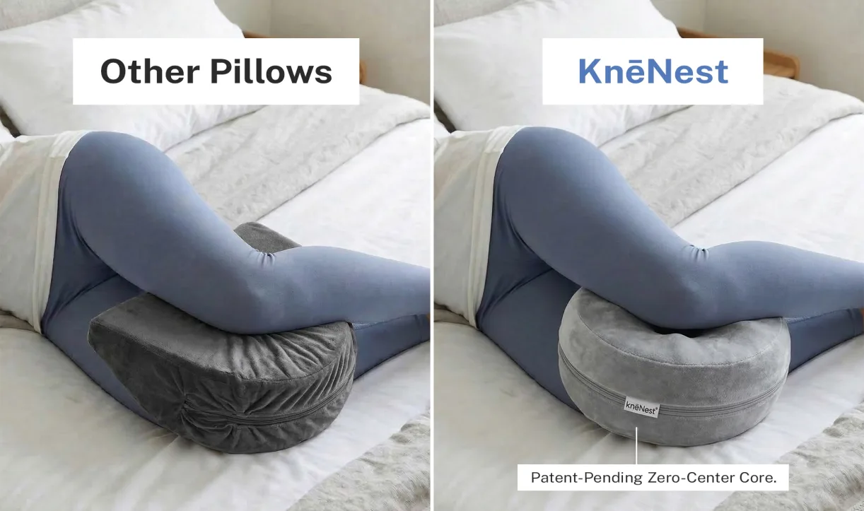 Side-by-side comparison of a person using another pillow versus the KneNest pillow