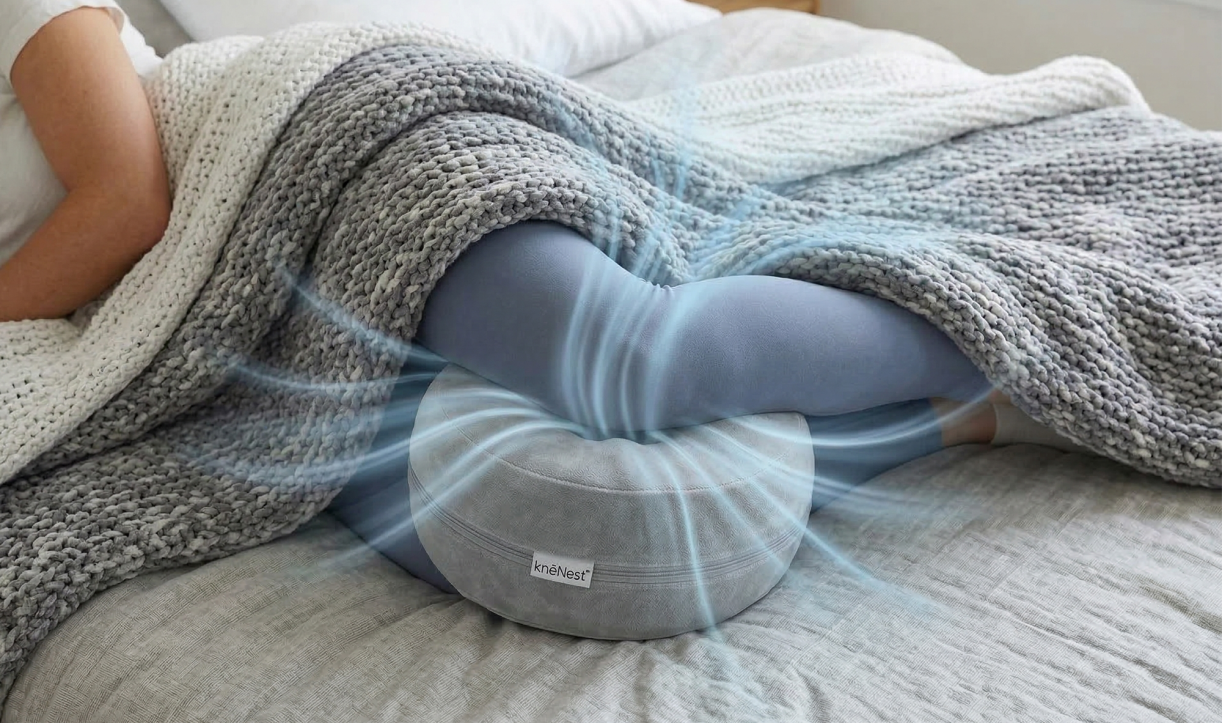 Knee pillow in use between knees with airflow graphics showing breathability