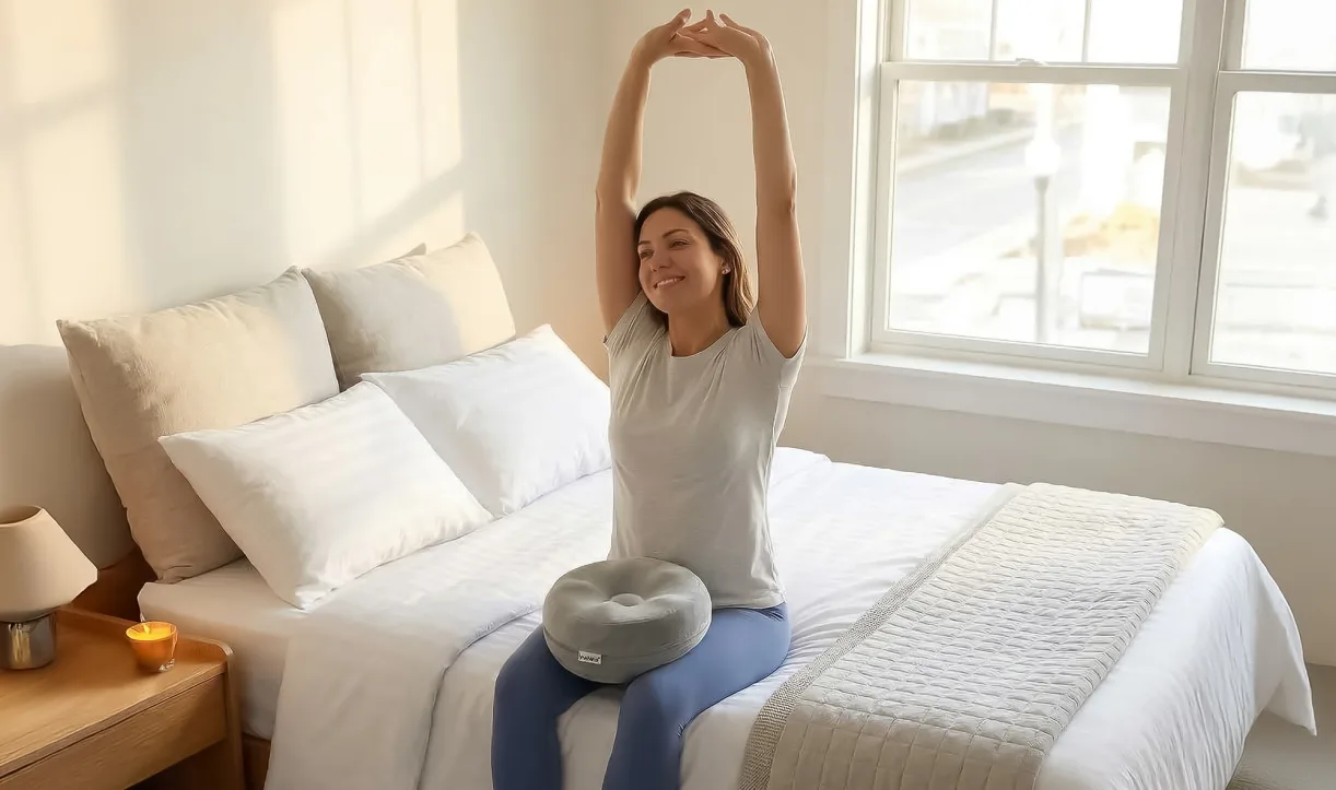 Person sleeping on their side with the knee pillow and close-up inset