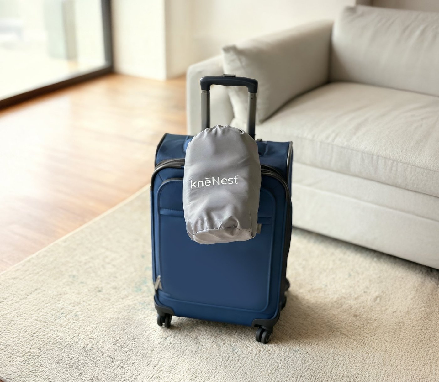 knēNest knee pillow packed compactly in its travel bag