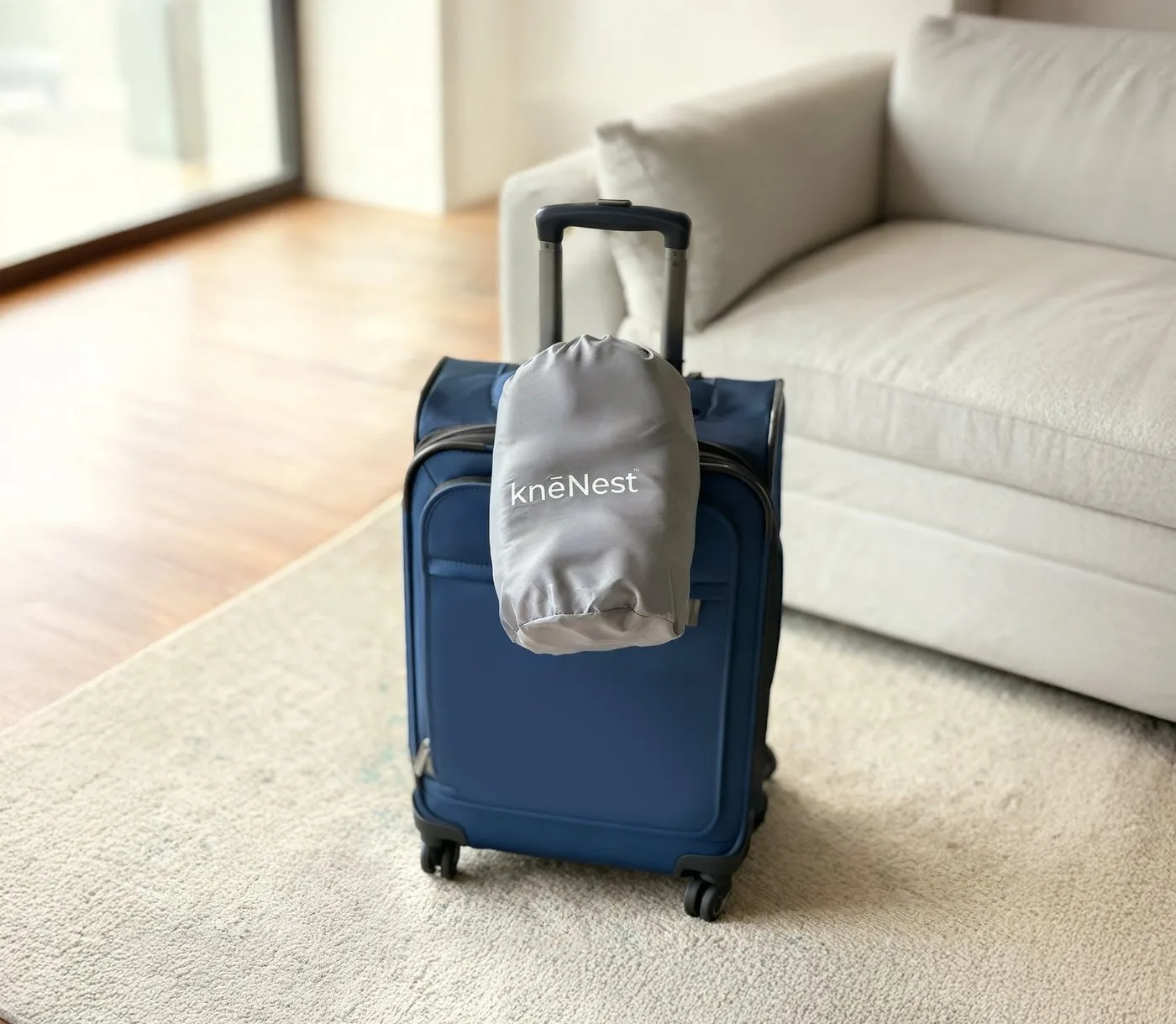 knēNest knee pillow packed compactly in its travel bag